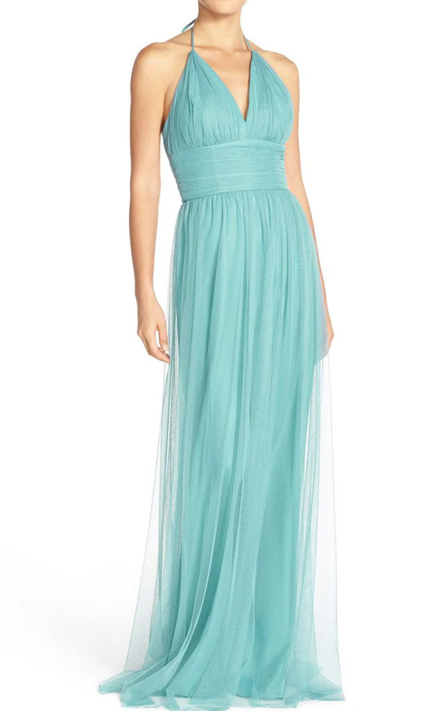 Neckholder-V-Ausschnitt, langes Tüll-Ballkleid, formelles Abendkleid